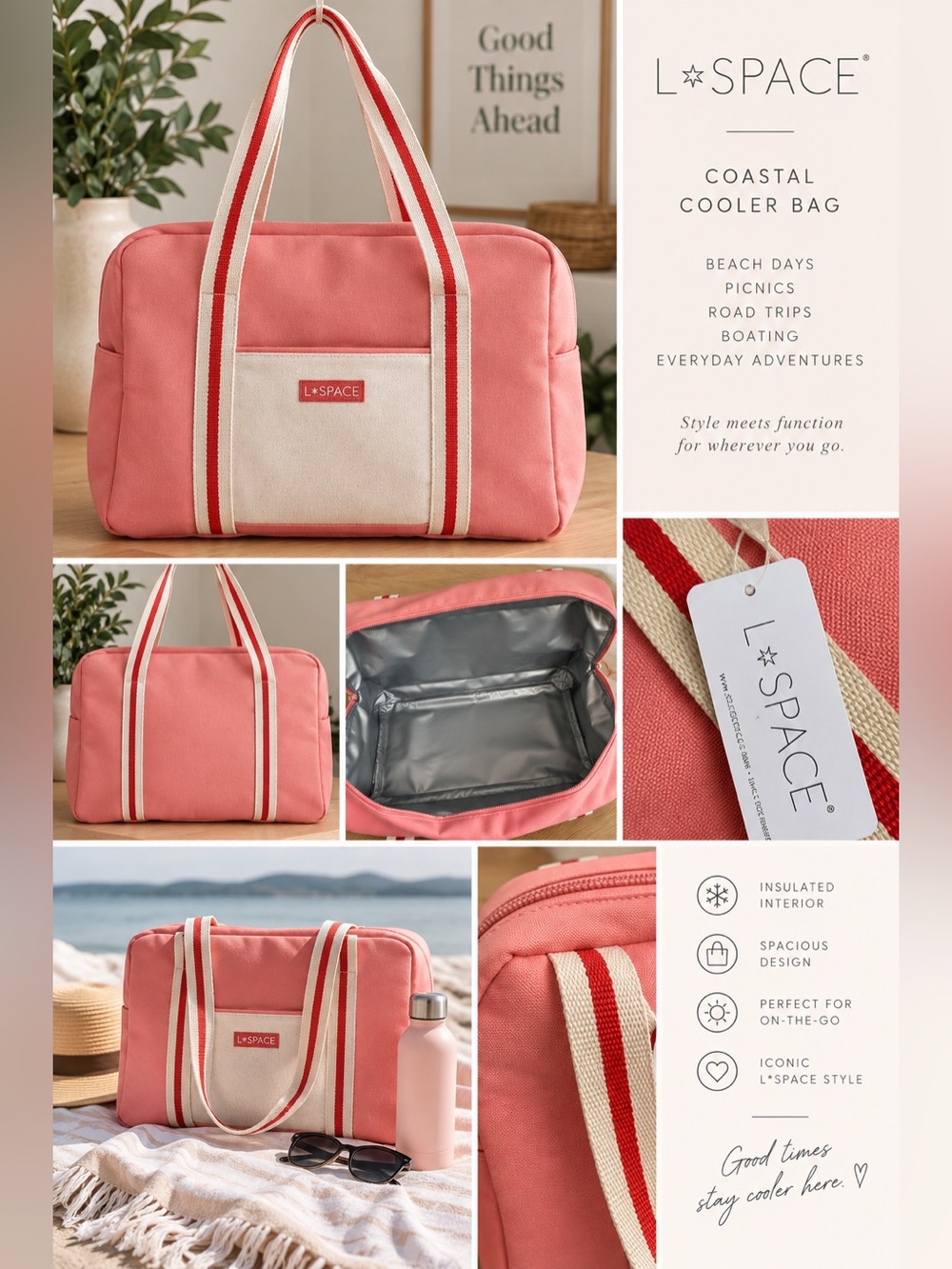 L*Space Pink Canvas Cooler Bag with Striped Strap